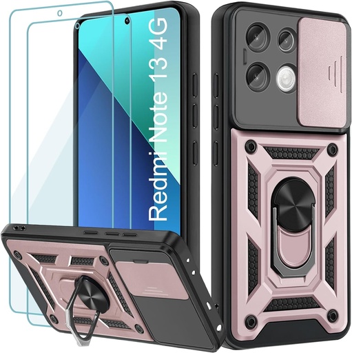 Husa Yohii pentru Xiaomi Redmi Note 13 4G, cu 2 piese din sticla securizata, husa glisanta pentru camera, suport pentru inel la 360 de grade, PC si silicon TPU, rezistenta la socuri, auriu roz