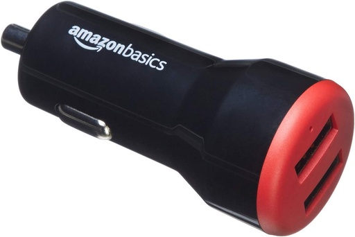 Încărcător de mașină cu două porturi USB-A de 24 W Amazon Basics pentru telefoane (iPhone 15/14/13/12/11/X, Samsung și altele), non-PPS, negru/roșu