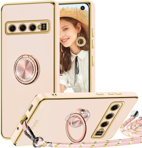 Husa TVVTPU pentru Samsung Galaxy S10 cu snur si suport pentru inel de 360 ​​de grade, husa de protectie din silicon moale TPU, antisoc, cu colier detasabil, roz