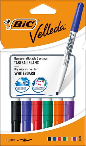 BIC Velleda 1741 Pixuri cu ștergere uscată pentru tablă albă (perfecte pentru școală și birou / vârf mediu glonț) - culori asortate, pachet de 6
