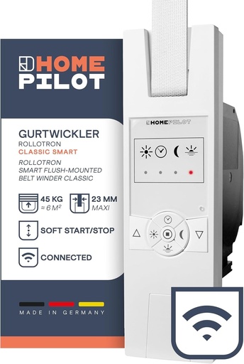 HOMEPILOT RolloTron rulou electric inteligent clasic pentru rulouri de pana la 45 kg (aproximativ 6 m²), pentru centura de 23 mm, complet cu telecomanda (aplicatie, Alexa, Google prin serverul web premium pentru automatizarea casei)