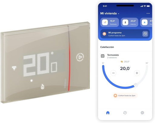 Bticino XM8002E, Termostat conectat WiFi, Smarther2 nou cu Netatmo, culoare nisip, control la distanta a temperaturii acasa (racire/incalzire); Incorporat, 2 fire