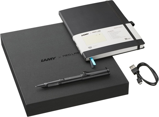 Set ncode Lamy Safari all black - stilou inteligent Safari si caiet digital A5 de 192 de pagini - scriere pe hartie reala cu procesare digitala - inclusiv reumplere M 21 neagra si cablu de incarcare
