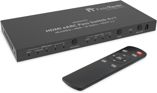FeinTech VAX04101A Switch HDMI eARC Pass 4x1, pentru 3 surse HDMI, bară de sunet și proiector TV 4K HDR Dolby Atmos