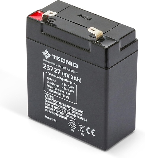 Baterie reincarcabila cu plumb sigilata Tecnid by Velamp 4V 3Ah - Conexiuni Faston F1 - Ideala pentru sisteme de rezerva, alarma, supraveghere video, prevenire a incendiilor, automatizare a locuintei si sisteme UPS