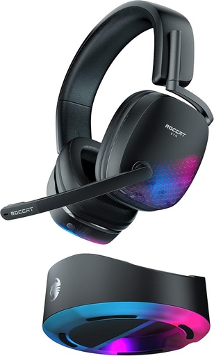 Roccat Syn Max Air - Casti fara fir RGB pentru jocuri pentru PC cu sunet 3D si statie de andocare, reglabila, negru, DEFECT