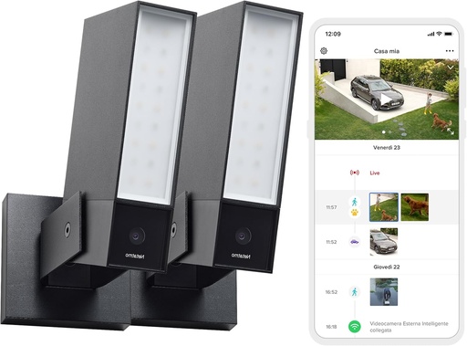Netatmo Pachet de 2 camere de exterior, iluminare integrata, detectarea oamenilor, 1920p, Wi-Fi, masini si animale, aluminiu negru, NBU-2-NOC-AMZ
