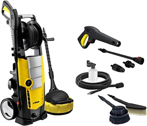Masina de spalat cu presiune Lavor Galaxy 160, 2500 W, 160 bar max 510 litri/ora max, Perie fixa, Perie rotativa, Curatator de terasa, Furtun 8 metri HP, Pistol, Lance cu Variojet si Duza Turbo, Galben/Negru