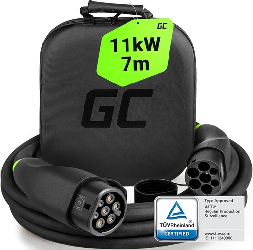 Cablu de încărcare EV Green Cell GC tip 2 pentru mașini electrice (PHEV) | 7,2 kW | 32A | 7 metri | Tip 2 până la Tip 2 | Monofazat | Compatibil cu 500e, e-208, e-2008, Fortwo, Leaf, e-NIRO, i3, i4, ID.3, ID.4, e-Up!