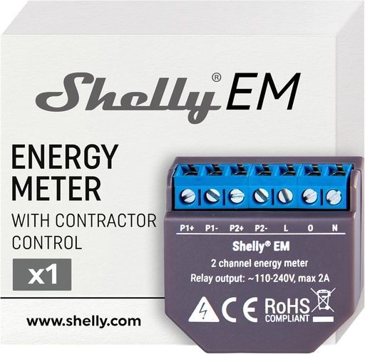 Shelly EM, contor inteligent de energie electrică, monofazat cu 2 canale (120A pe canal), monitorizare fotovoltaică, control de la distanță, aplicație iOS Android, Alexa, Google Home