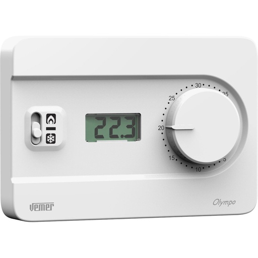 VEMER VE757700 OLYMPO LCD - Termostat de cameră de perete cu display LCD și buton pentru cazane, alimentat cu baterie, alb