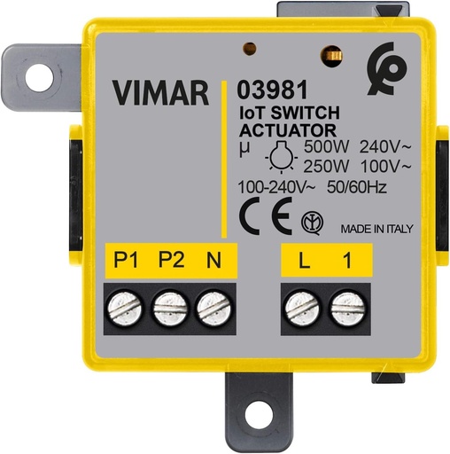Modul releu conectat Vimar 03981 IoT cu iesire NO, pentru lampi cu incandescenta, LED-uri, lampi fluorescente, transformatoare, telecomanda, tehnologie duala Bluetooth si Zigbee, Gri