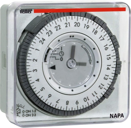 VEMER VP886600 NAPA-RD - Intrerupator de timp electromecanic cu calareti, programare zilnica, instalare panou, gri deschis