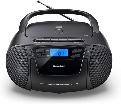 Radio CD portabil Karcher RR 5045 (boombox cu CD player, caseta, radio FM, functionare la retea, USB si AUX-in) Negru
