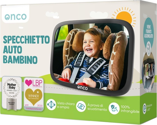 Oglinda retrovizoare pentru bebelusi Onco - 100% rezistenta la spargere, oglinda retrovizoare universala pentru masina, oglinda masina pentru bebelusi pentru scaunul din spate, rotatie la 360°, accesorii pentru masina pentru bebelusi