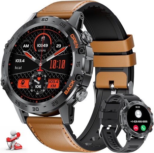 Ceas inteligent LIGE pentru bărbați cu curea din piele, ceas militar inteligent de 1,39 inci cu ritm cardiac 24/7, tensiune arterială, monitorizare somn pentru Android iOS, ceas fitness cu peste 100 de moduri sportive, impermeabil IP67, funcție de telefon