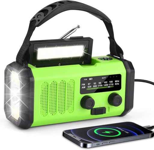 Radio solar 10000mAh, radio portabil cu manivelă Radio AM/FM de urgență cu Power Bank reîncărcabil de 10000mAh, lanternă LED în 3 moduri, lumină de citire LED, alarmă SOS, dinamo cu manivelă și port USB pentru ușa noastră