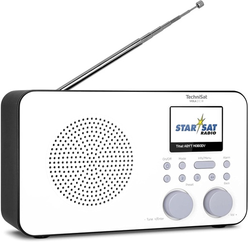 TechniSat VIOLA 2 C IR - radio de internet portabil (DAB+, FM, Wi-Fi, display color de 2,4 inchi, mufă pentru căști, ceas cu alarmă, cronometru de somn, 3 wați RMS, baterie, sursă de alimentare) Alb
