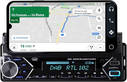 Radio auto Trevi SCD 5753 DAB 160W DAB DAB+ FM, intrari USB, Micro SD, AUX-IN, Bluetooth, Antena DAB inclusa, Suport smartphone pe panoul frontal