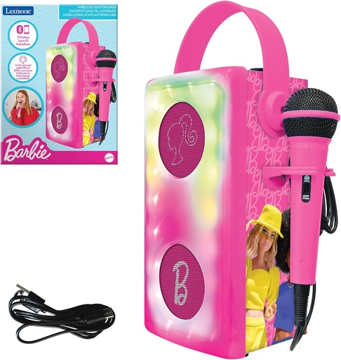 Lexibook, Barbie, difuzor wireless Bluetooth® cu microfon, efecte de lumină multicolore, slot pentru card SD/TF, baterie reîncărcabilă, roz, BTP185BBZ