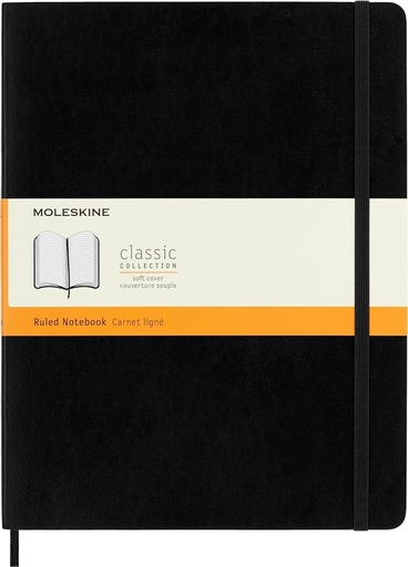 Moleskine - Caiet clasic cu hartie in dungi - Jurnal cu coperta moale cu inchidere elastica - Negru - Extra Large 19 x 25 cm - 192 pagini