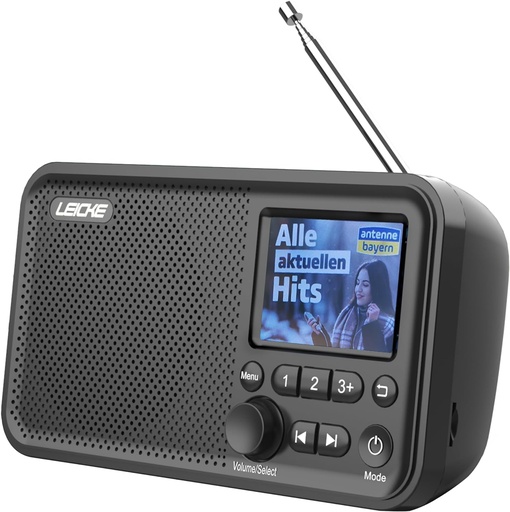 Radio DAB+ portabil LEICKE cu Bluetooth 5.0 | Radio DAB/DAB+ și FM, afișaj color de 2,4 inchi, 80 de presetări, radio de bucătărie cu cablu sau funcționare cu baterie de 2000 mAh, conexiune MicroSD/TF/AUX, funcții de alarmă
