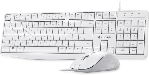 Tastatura si mouse KOORUI, set de tastatura mouse cu aspect german QWERTZ cu 12 taste functionale Set de mouse pentru tastatura pentru Windows, MacOS, Linux-alb