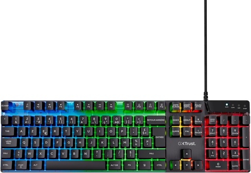 Trust Gaming GXT 835 Azor Tastatura pentru jocuri cu fir AZERTY Franceza, Iluminare LED curcubeu, Mod joc, 8 taste anti-fantasma, Tastatura pentru jocuri cu membrana USB, PC/Laptop - Negru