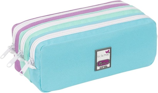 Viquel - Toc de creion pentru copii Teknik Pastel School - Poliester 600D durabil - 3 compartimente, 3 fermoare si snur - Petice decorativ - Albastru/Verde si Mov