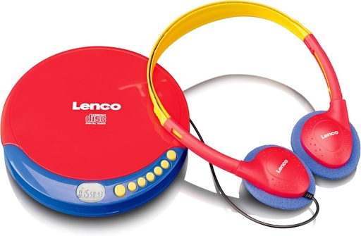 Lenco CD-021 CD Player pentru copii - CD Player portabil - Discman - Casti cu limitator de volum - Reda CD-R/RW - Baterie incorporata - Cu cablu de incarcare - Rosu/Albastru