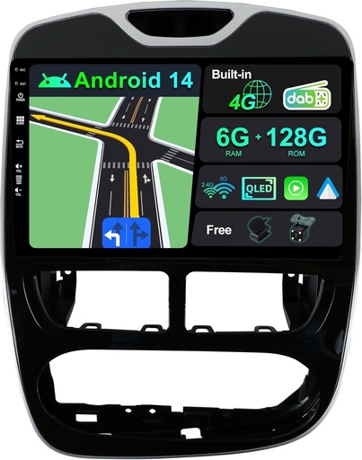 BXLIYER | INTEGRE 4G LTE & DAB| 6G+128G - Android 14 Autoradio pentru Renault CLIO (2013-2016) - Carplay + Android Auto - Camera + MIC - 2 Din - QLED 10.1 Pouce - Volant Dual Band WIFI 360-CAM Bluetooth