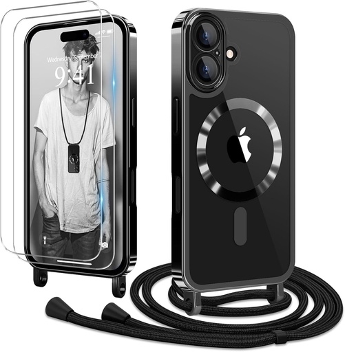 Lant de telefon mobil Ethanger pentru husa iPhone 16 cu curea + 2 bucati de protectie ecran din sticla Husa silicon transparenta pentru telefon mobil Husa de protectie magnetica pentru cordon de agatat pentru iPhone 16 negru