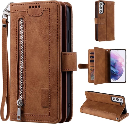 Husa UEEBAI pentru Samsung Galaxy S21 5G, Husa vintage cu fermoar pentru telefon Husa din piele PU Flip Bumper din silicon cu 9 sloturi pentru card Functie suport Portofel Curea de transport Husa de protectie Husa portofel - maro