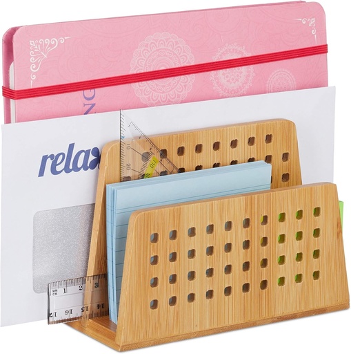 Suport pentru documente Relaxdays din bambus, 2 compartimente perforate, suport practic pentru scrisori, rechizite de birou, suport pentru scrisori DIN A5, natural