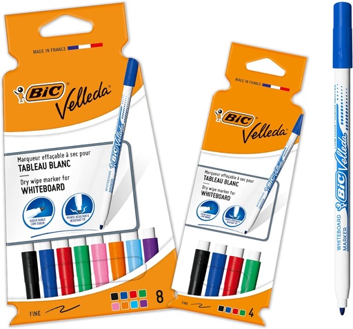 BIC Velleda 1721 - Pixuri pentru tablă albă cu ștergere uscată, vârf tip glonț fin - culori asortate, pachet de 8+4