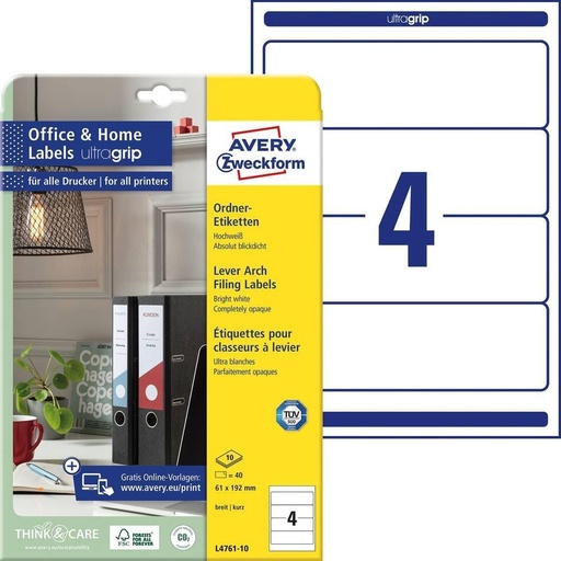 AVERY Zweckform L4761-10 Binder Cotor Etichete (40 de etichete cotor cu ultragrip, 61x192mm pe A4, late/scurte, autoadezive, complet opace, etichete de legare imprimabile) 10 coli, alb