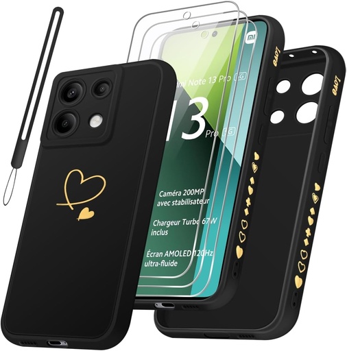 Husa compatibila cu Xiaomi Redmi Note 13 Pro 5G(Nu pentru 4G)/Poco X6 5G si 3 bucati de protectie pentru ecran din sticla securizata + 1 snur, TPU moale, husa anti-amprenta si anti-zgarieturi - neagra