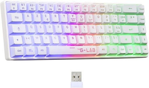 G-Lab - Keyz Hydrogen WL - Tastatură pentru jocuri fără fir, 60% tastatură semi-mecanică, Azerty, RGB multicolor - Tastatură pentru jocuri fără fir silențioasă, format compact TKL - PC/PS4/PS5 - Nou (alb)