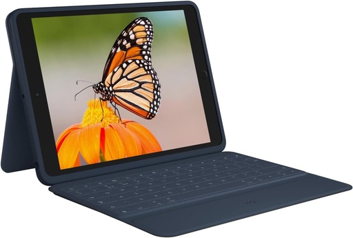 Husa cu tastatura Logitech Rugged Combo 3 pentru iPad cu conector inteligent pentru iPad (a 7-a, a 8-a si a 9-a generatie), aspect QWERTZ german - albastru