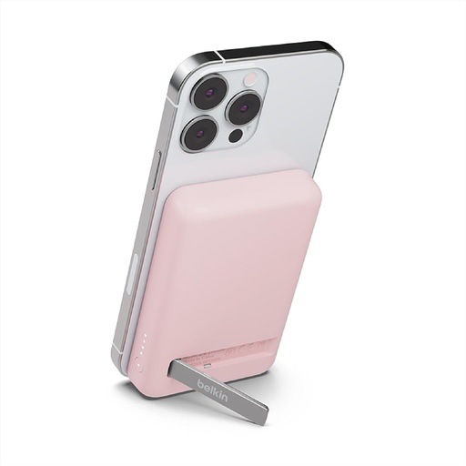 Power Bank magnetic 5000mAh Belkin, încărcător portabil cu MagSafe, încărcare directă, ieșire 7,5 W, intrare 10 W, suport glisant, iPhone 16/15/14/13/12 – roz