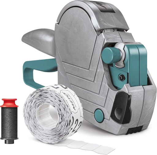 Set de etichete de pret original Meto Basic S - pret, data, data expirarii (1 rand, 8 cifre pentru etichete de 22 x 12 mm, gata de utilizare), 1x eticheta portabila, argintiu-teal