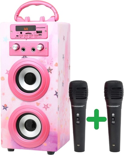 Aparat de karaoke portabil DYNASONIC, 2 microfoane, difuzor Bluetooth, lumini, USB si cititor SD (025-15)