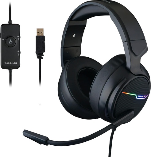 Casti de jocuri G-Lab Korp Thallium USB 7.1 Sunet surround digital - Microfon pentru casti de jocuri audio de inalta calitate - Microfon cu anulare a zgomotului - LED RGB - Compatibil cu PC PS4 PS5 (negru)