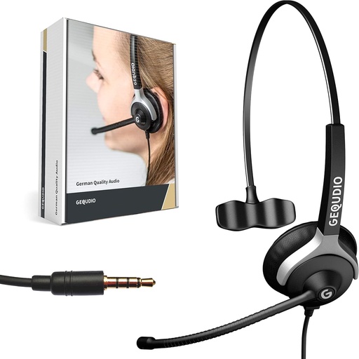 Casti GEQUDIO cu mufa de 3,5 mm compatibile cu FritzFon C6, X6, MacBook, Smartphone, Speedphone, Notebook, PC, Laptop - Casti si microfon cu pernite de schimb pentru urechi - usoare 60g (1 ureche)