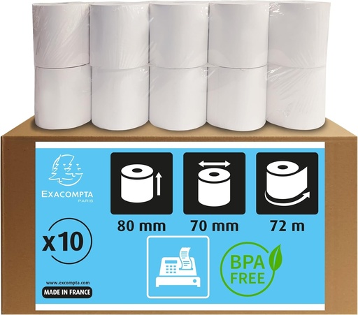 Exacompta - Ref. 43706SE - Pachet de 10 role de chitanta - latime 80 mm x diametru 70 mm - miez 12 mm - 1 pliu termic 48g/m² - Lungime (+ sau - 2 m): 72 m - Alb