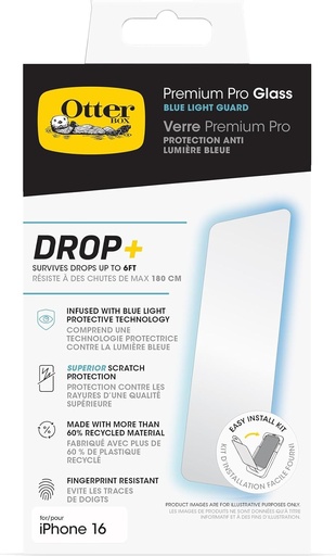 Protector de ecran Otterbox Premium Pro Glass Blue Light Guard pentru iPhone 16, sticla securizata, protectie superioara anti-zgarieturi, rezistenta la cadere pana la 1,8 m