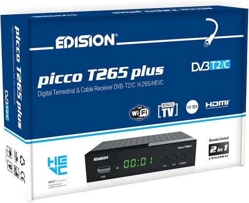 EDISION Picco T265 Plus DVB-T2 terestre și receptor prin cablu DVB-C H.265 HEVC FTA Full HD PVR, USB, HDMI, SCART, S/PDIF, IR, USB WiFi Suport, telecomandă universală 2 în 1