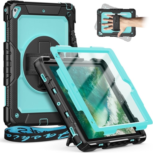 Husa Timecity pentru iPad 9.7 (iPad Air 2 / iPad a 6-a / iPad a 5-a generatie). Rezistent la socuri, suport rotativ la 360°, curea de mana [caz pentru stilou si protectie pentru ecran] curea de umar. -Albastru