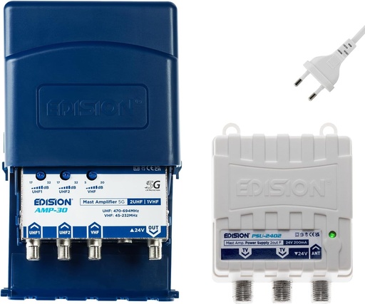 Kit EDISION MAK-300: Preamplificator catarg Antena TV TNT 2UHF, 1VHF/FM, 17-32db, 107dBmV, 24V, pentru Digital Terestre DVB-T/T2, cu filtru 5G LTE + Alimentare 24V 200mA Iesire F 2