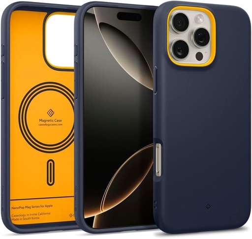 Husă Caseology Nano Pop Mag pentru iPhone 16 Pro Max [Material moale și fără praf] Protecție magnetică împotriva căderilor de calitate militară cu model de prindere laterală, husă de protecție – Blueberry Navy